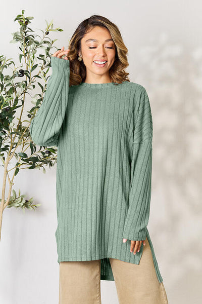 Sleek and Versatile: Full-Size Ribbed Long Sleeve Top with Elegant Neckline and Side Slit"