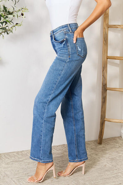 Chic High-Waist Distressed Jeans - Full Size Range for Trendy Comfort