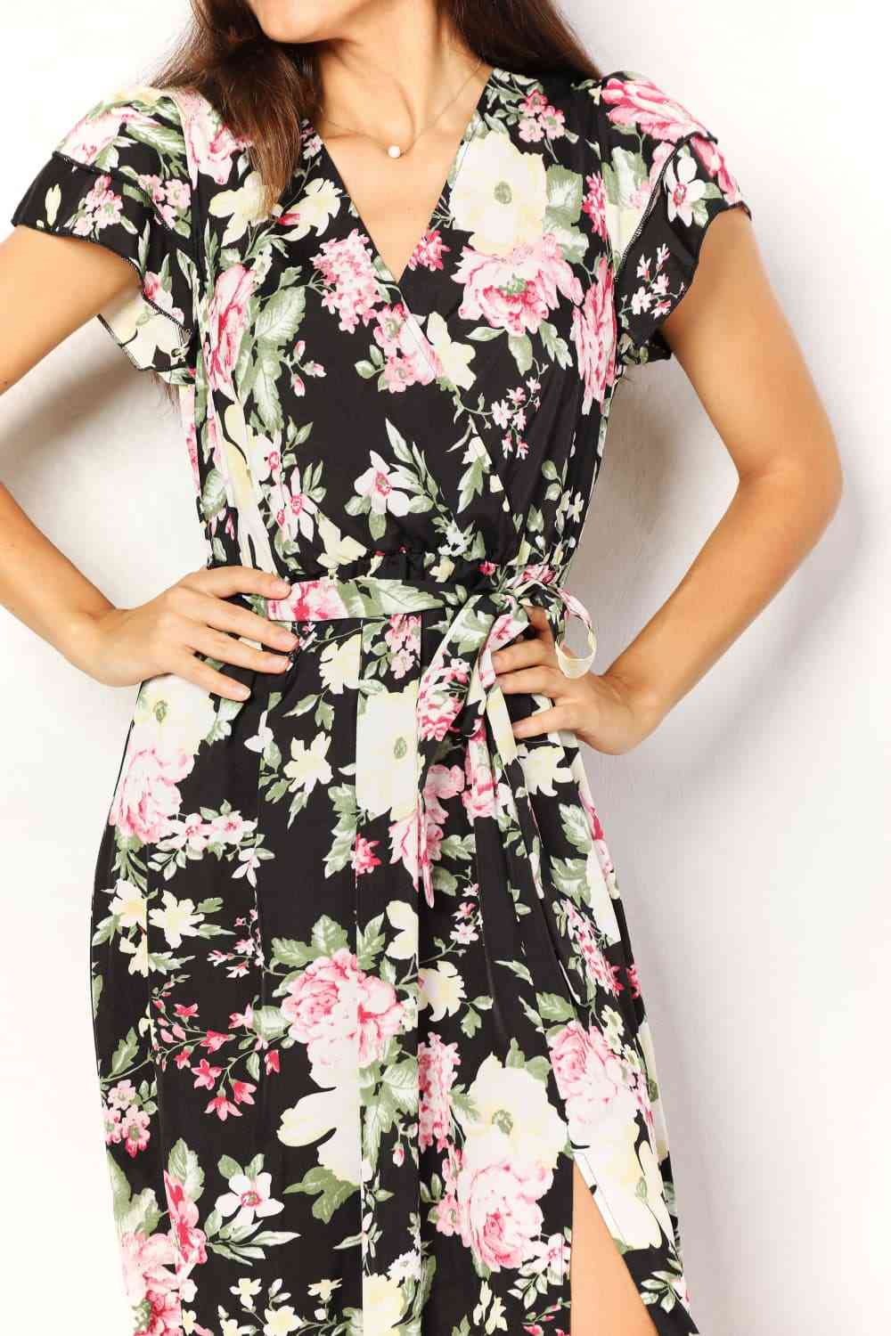 Elegant Floral Split Dress with Flutter Sleeves and Tie Waist - Versatile Style