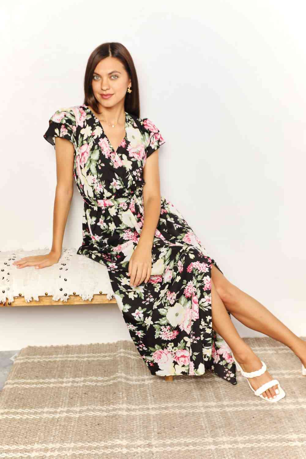 Elegant Floral Split Dress with Flutter Sleeves and Tie Waist - Versatile Style