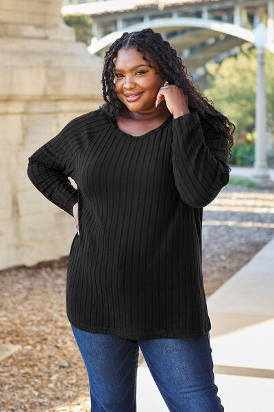 Classic Comfort: Full-Size Ribbed Knit Top with Round Neck and Long Sleeves