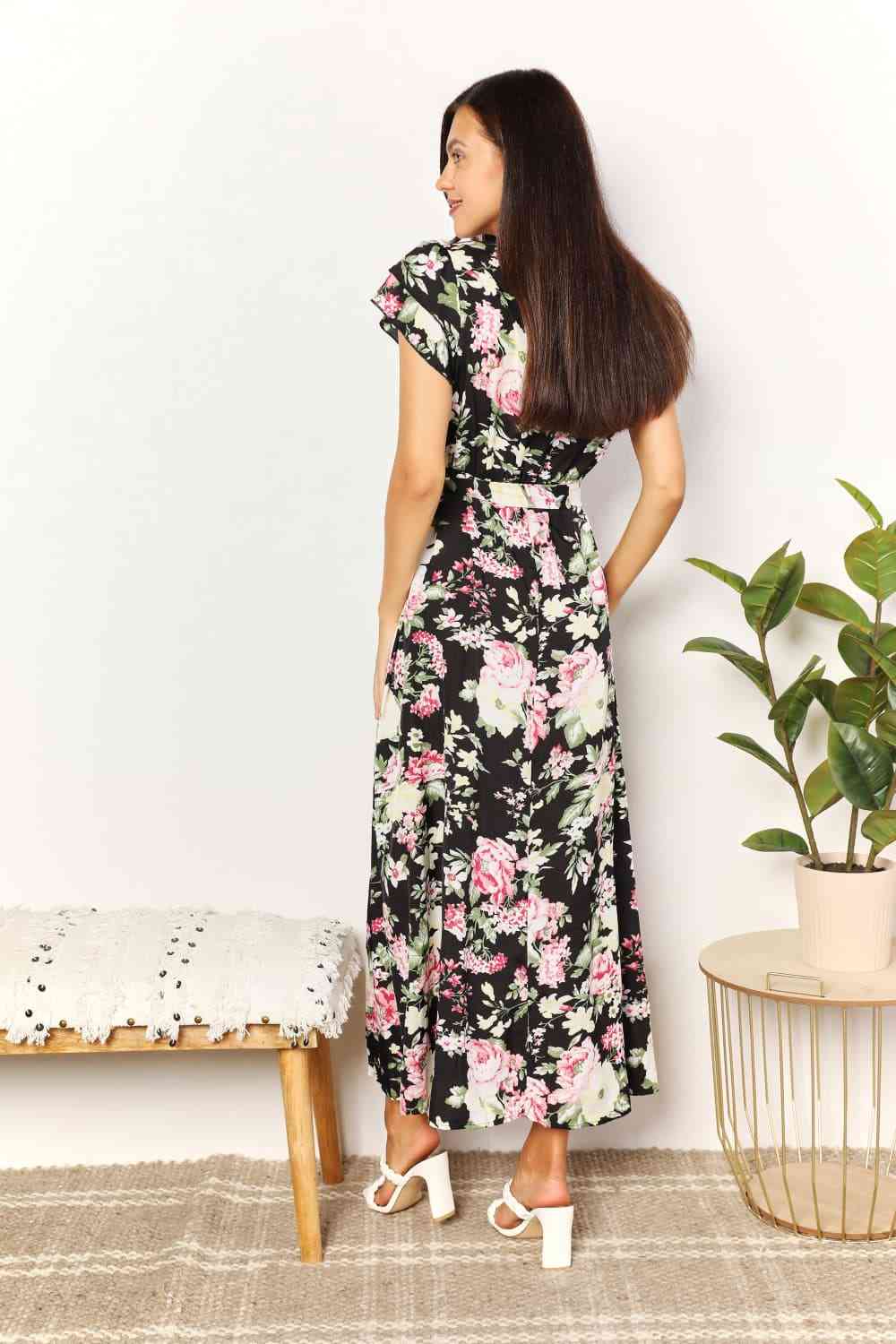 Elegant Floral Split Dress with Flutter Sleeves and Tie Waist - Versatile Style