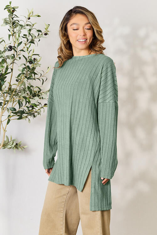 Sleek and Versatile: Full-Size Ribbed Long Sleeve Top with Elegant Neckline and Side Slit"