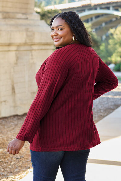 Classic Comfort: Full-Size Ribbed Knit Top with Round Neck and Long Sleeves