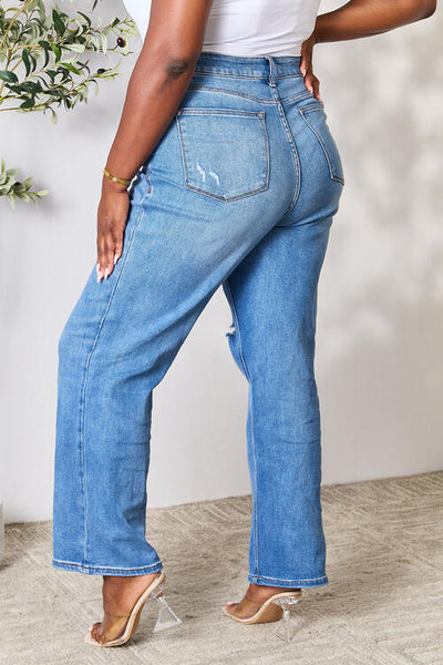 Chic High-Waist Distressed Jeans - Full Size Range for Trendy Comfort