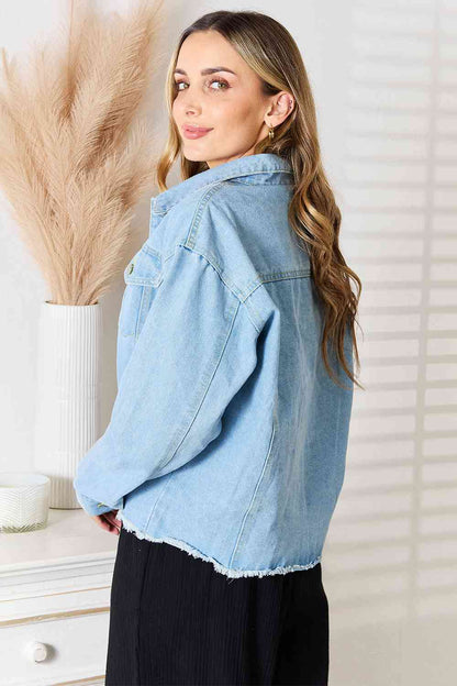 Relaxed Fit Raw Hem Denim Jacket - Casual Dropped Shoulder Style